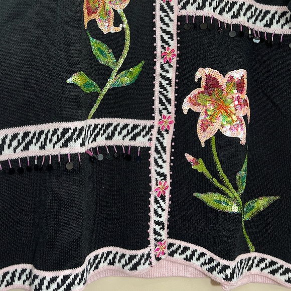 NWOT Storybook Knits black pink sequin beaded lily flower cardigan sweater 3X - Picture 6 of 14